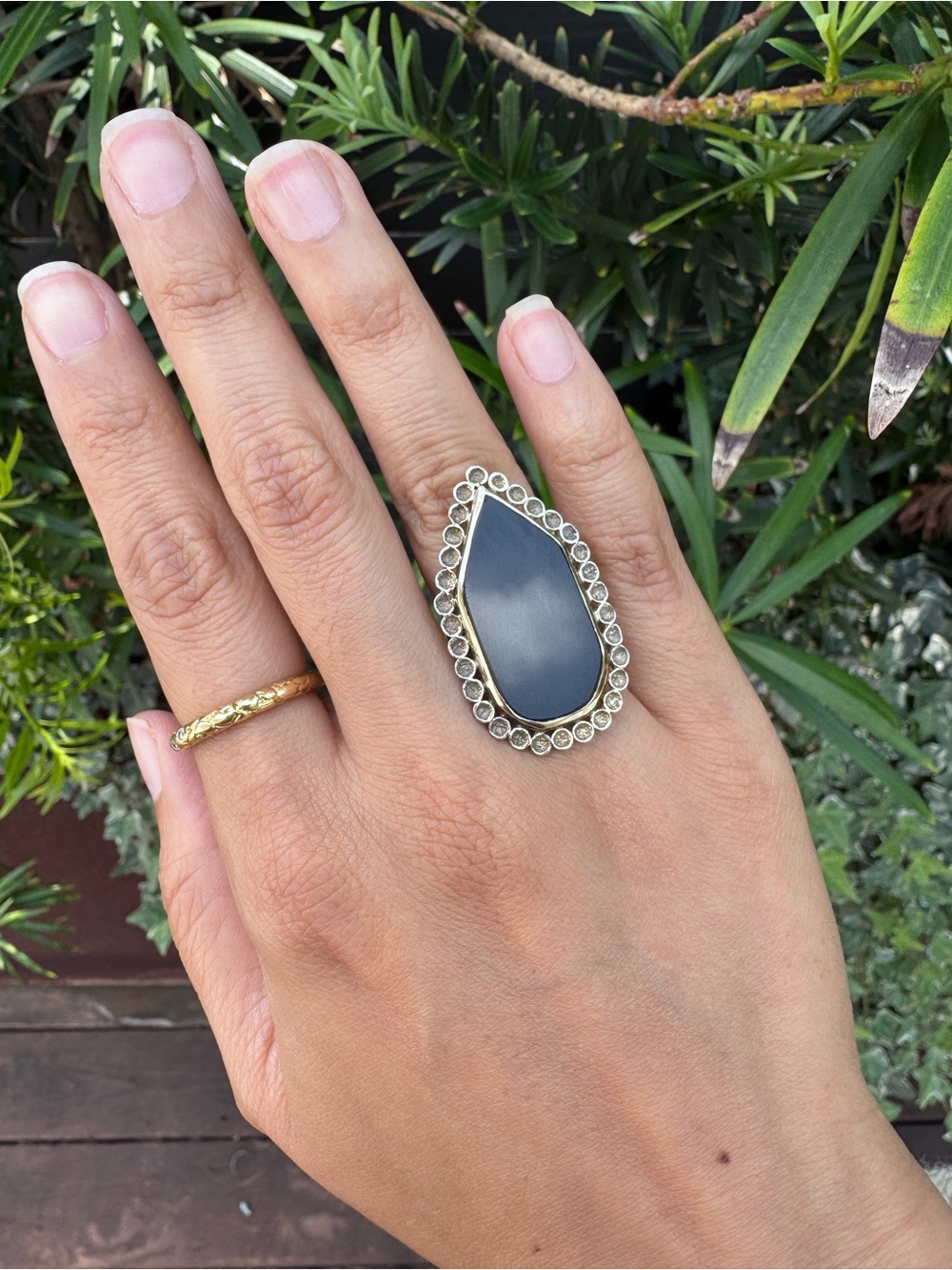 Melinda Maria Gold Black Teardrop Statement Ring size 6- Women Jewelry